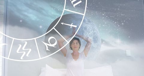 Zodiac Symbols Over Woman Practicing Yoga Meditation