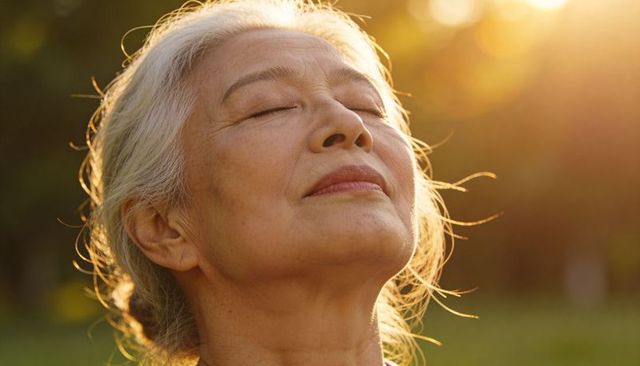 Senior asian woman basking in golden hour sunlight, serene portrait close-up with rimlight