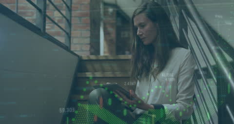 Businesswoman Analyzing Data on Tablet with Abstract Digital Overlay