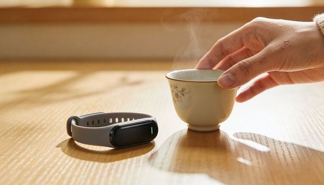 Reaching hand lifting steaming floral teacup beside fitness tracker on sunlit wooden table