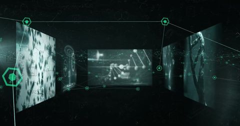 Network of Digital Screens Displaying Science Data and Connections - Download Free Stock Images Pikwizard.com