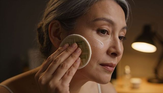 Senior asian woman applying facial cream with woven pad at bedside vanity lamp
