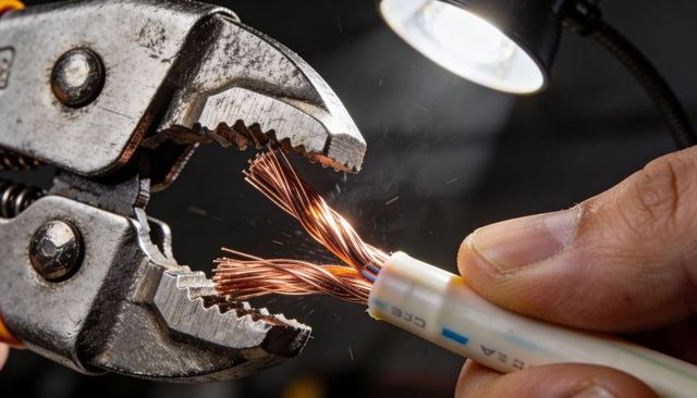 Stripping copper wire with locking pliers sparking during electrical repair close-up