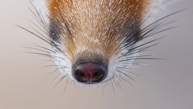 Frost-coated fox snout close-up with ice-crystal whiskers winter wildlife macro texture