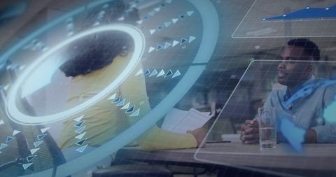 Business meeting with augmented reality HUD showing data visualization and review