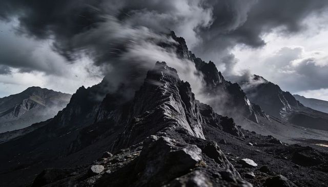 Jagged alpine ridge rising through storm clouds with windswept rocky foreground and mist