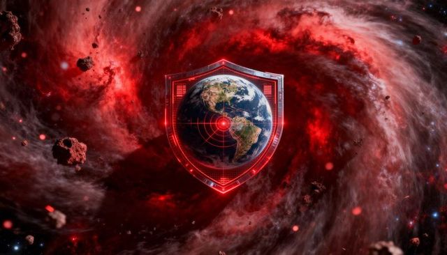 Digital earth shield protecting planet with radar target in red cosmic nebula