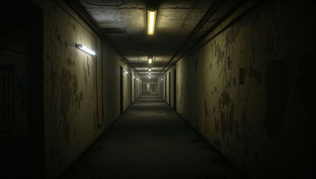 Eerie abandoned basement corridor with peeling walls