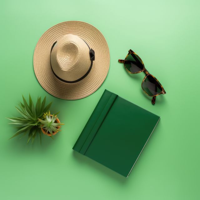 Sunglasses, hat, notebook and plants on green background, created using generative ai technology. Travel, adventure, exploration and vacations, digitally generated image.