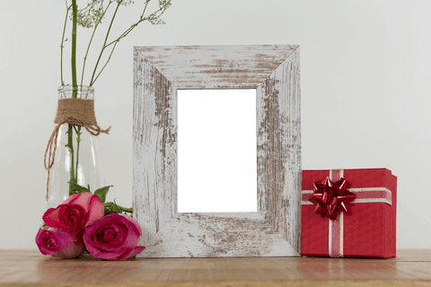 Rustic photo frame with flowers and gift box transparent design