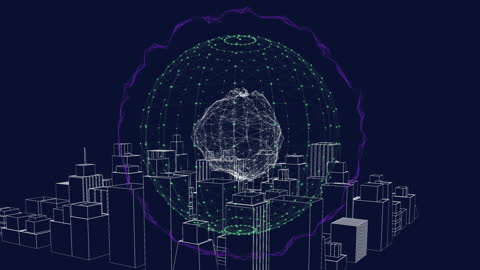 Futuristic Digital Cityscape with Holographic Globe