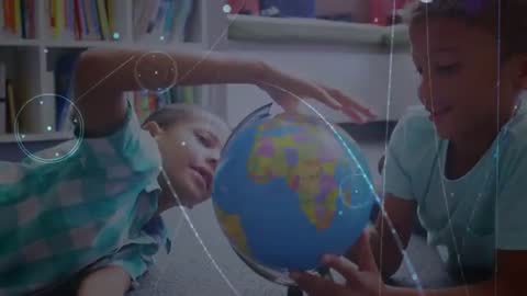 Two Boys Exploring Globe with Digital Network Overlay
