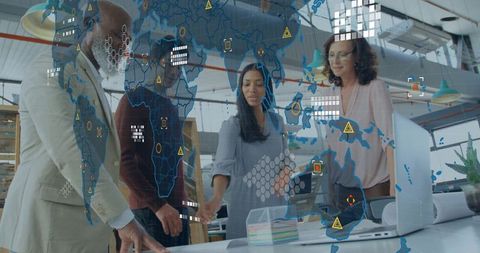 Diverse Team Collaborating with Digital World Map Overlay in Modern Office