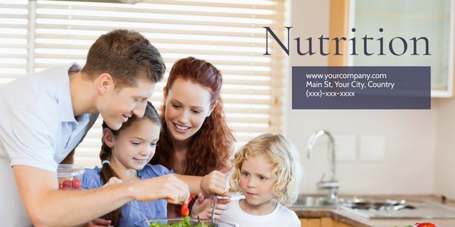 Family happily preparing a salad together in the kitchen, promoting a healthy lifestyle and nutritious eating habits. Perfect for advertisements, blogs about family health and wellness, articles on cooking with children, or marketing materials for nutrition and wellness programs.