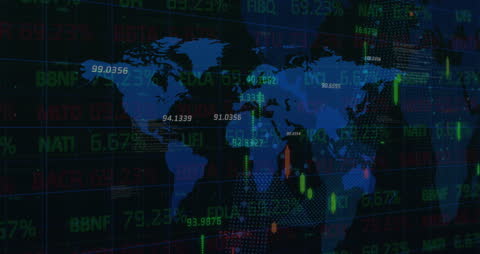 Global Financial Data Processing Animation with World Map Overlay