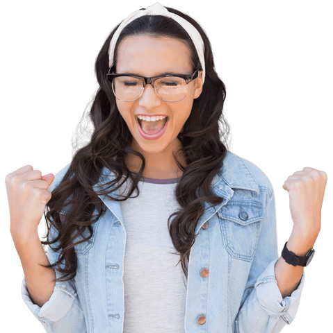 Joyful Woman in Denim Celebrating Success with Hands Raised