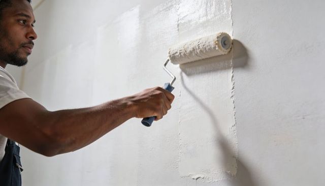Man Rolling White Paint on Interior Wall with Roller During Home Renovation