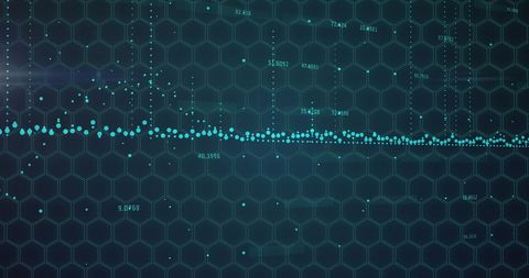 Hexagonal grid with digital data points and visual statistics