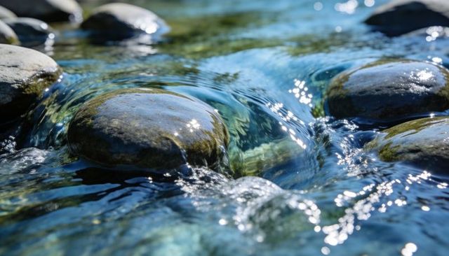 Sunlit stream flowing over moss-covered round stones with sparkling ripples