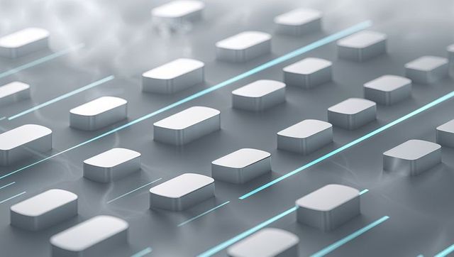 Futuristic floating blocks with cyan neon lines in digital landscape