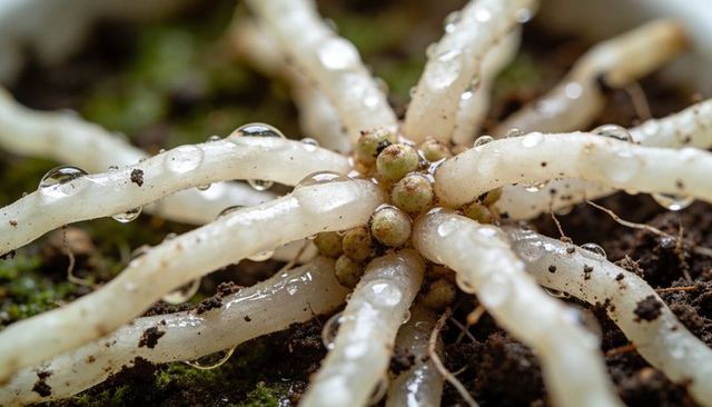 Revealing radial tuber cluster glistening with dew on mossy soil, macro root detail