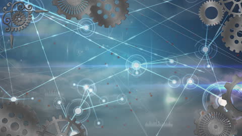 Futuristic Gear Network Overlaid on Cloudy Sky