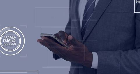 Business Professional Using Smartphone with Data Interface Overlay