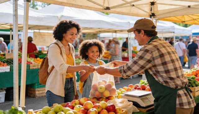 Mother and daughter buying apples at farmers market, smiling vendor using reusable produce bag