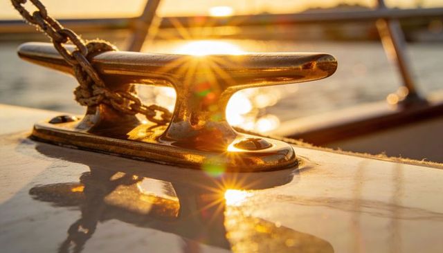 Gleaming brass mooring cleat reflecting sunset and casting corroded chain shadow on deck