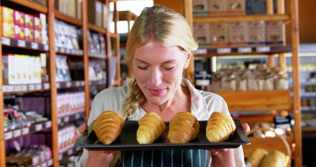 Blonde woman holding tray of freshly baked croissants in bakery store. Ideal for illustrating local businesses, bakeries, culinary arts, pastry making, and bakery shop advertisements. Useful for content related to small business promotion, food freshness, and artisanal baking.