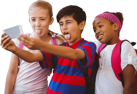 Diverse Friends Taking a Silly Selfie with Smartphone on Transparent Background