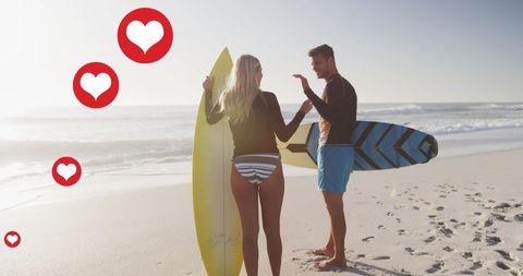 Couple Enjoying Beach Surf Adventure Love Icons