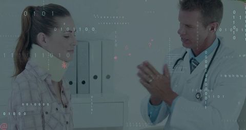 Doctor explaining neck injury care to patient wearing cervical collar with data overlay