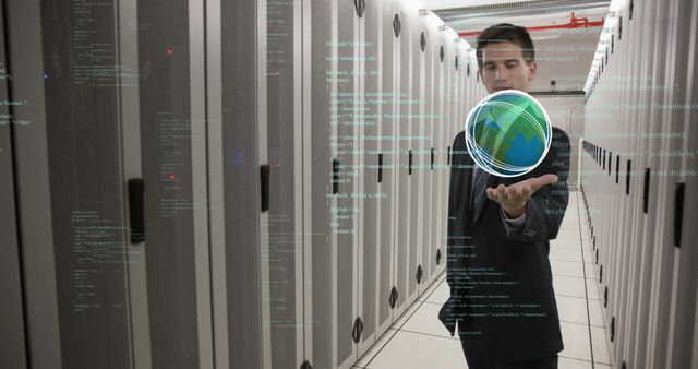 Image of data processing over caucasian businessman with globe in server room. Global technology and digital interface concept, digitally generated image.