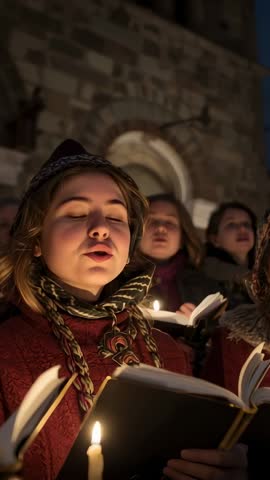 Candlelit Choir Singing Hymn on Church Steps Vertical Video Capturing Intimate Worship Moment