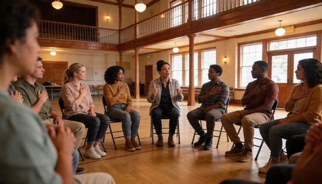 Community support circle facilitator leading group discussion in sunlit wood-floored hall