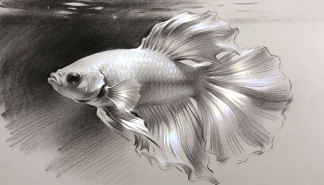 Graphite betta fish illustration with flowing ruffled fins and detailed scales