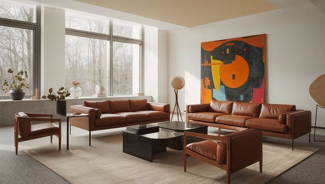 Stylish modern living room with leather furniture and minimalist decor