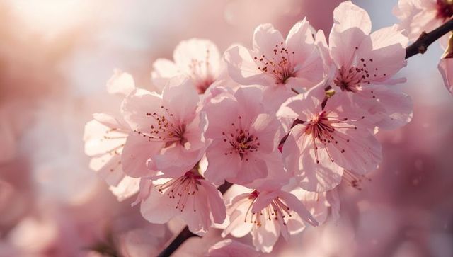 Pale pink cherry blossom cluster on dark branch, backlit sakura macro close-up, soft petals spring b
