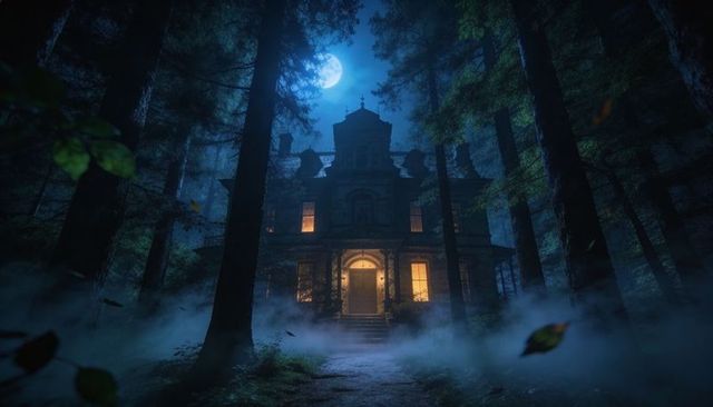 Moonlit Victorian Mansion with Glowing Windows and Foggy Path Evoking Gothic Mystery