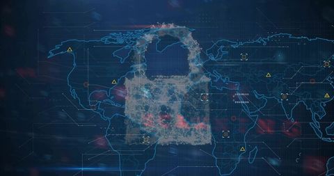 Futuristic Digital Padlock Over Global Network Map Visualizing Cybersecurity Threats