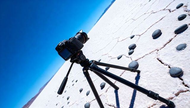 Positioning DSLR on Tripod Capturing Sunlit Salt Flat with Cracked Surface and Dark Stones