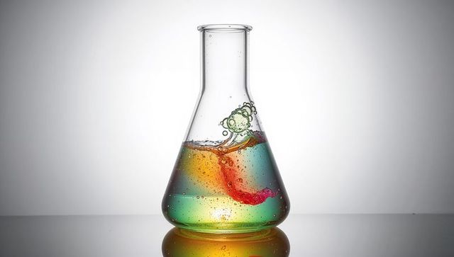 Swirling colorful liquids in erlenmeyer flask with bubbles and glossy lab reflection