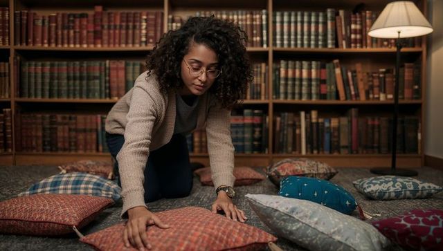 Woman arranging colorful floor cushions in cozy library nook with bookshelf and warm lamp