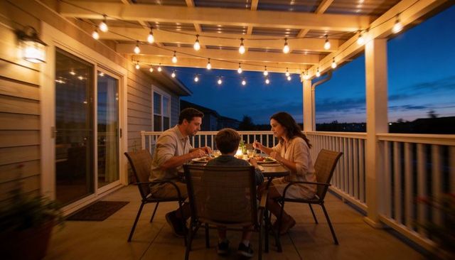 Family sharing cozy candlelit outdoor dinner on covered deck at dusk with string lights