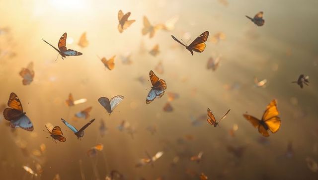Fluttering orange and pale blue butterflies in golden backlit meadow at sunrise