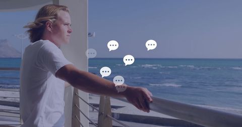 Digital Connection with Nature: Man Pondering on Seaside with Icons