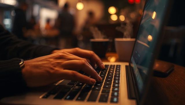 Remote work atmosphere in cozy café with focus on laptop