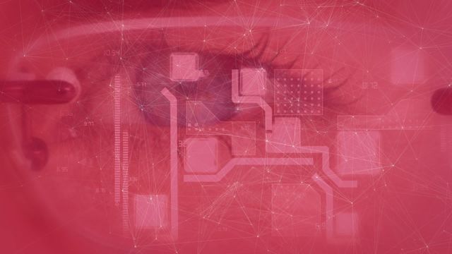 Illustration featuring a close-up of a woman's eye with an overlaid digital network and integrated circuit, perfect for themes involving cybersecurity, digital transformation, technology solutions, and connectivity. Suitable for use in presentations, websites, and articles focused on modern technology, cybersecurity awareness, and innovative tech solutions.