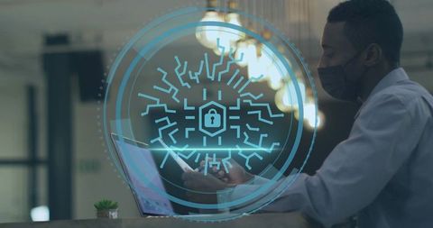 Man with Mask Using Smartphone At Office Reception